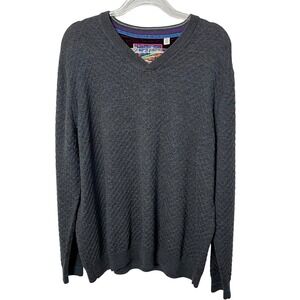 Robert Graham Sweater Mens 2XL Charcoal Grey 100% Wool Textured V-Neck Classic